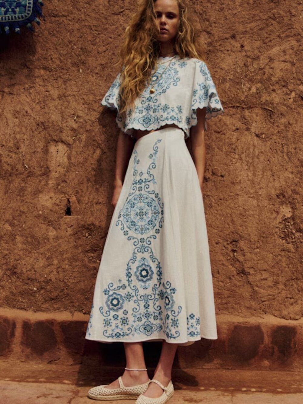 Sezane Anneclaire Blouse Ecru with Contrasting Blue Embroidery US2 EU34 - Picture 3 of 9